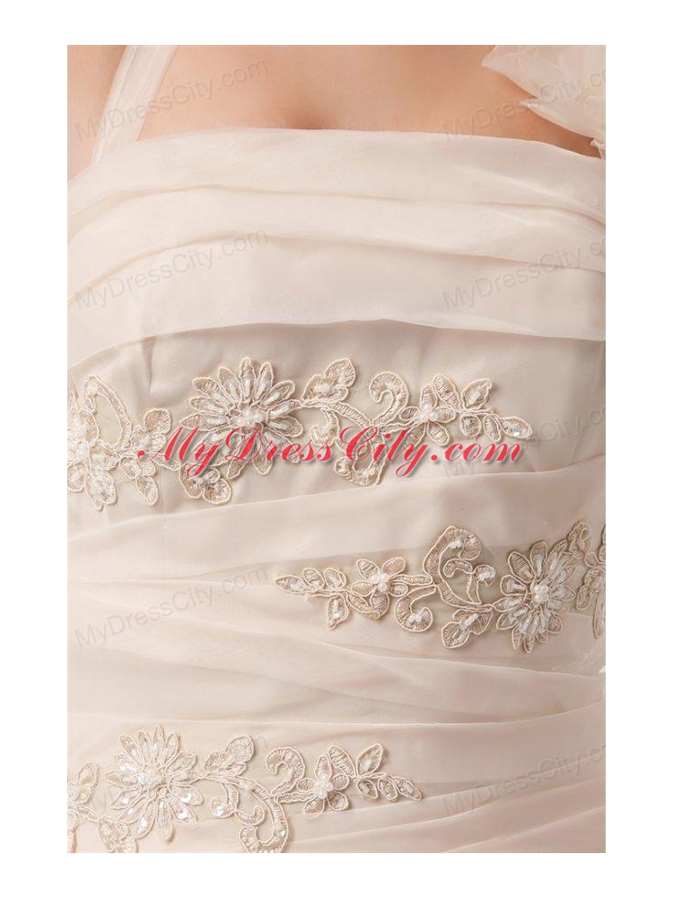 Champagne A-line Halter Top Wedding Dress with Embroidery and Layers