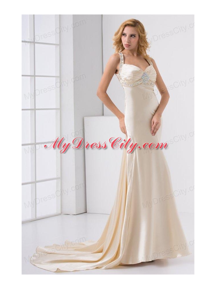 Champagne Column Straps Watteau Train Wedding Dress with Beading