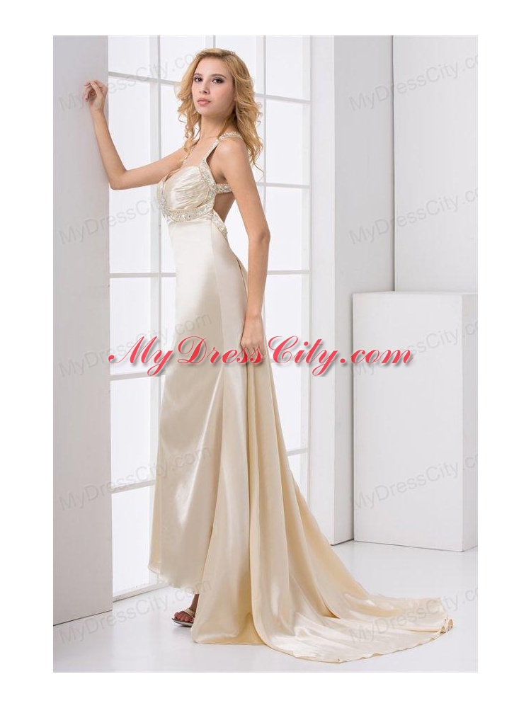 Champagne Column Straps Watteau Train Wedding Dress with Beading