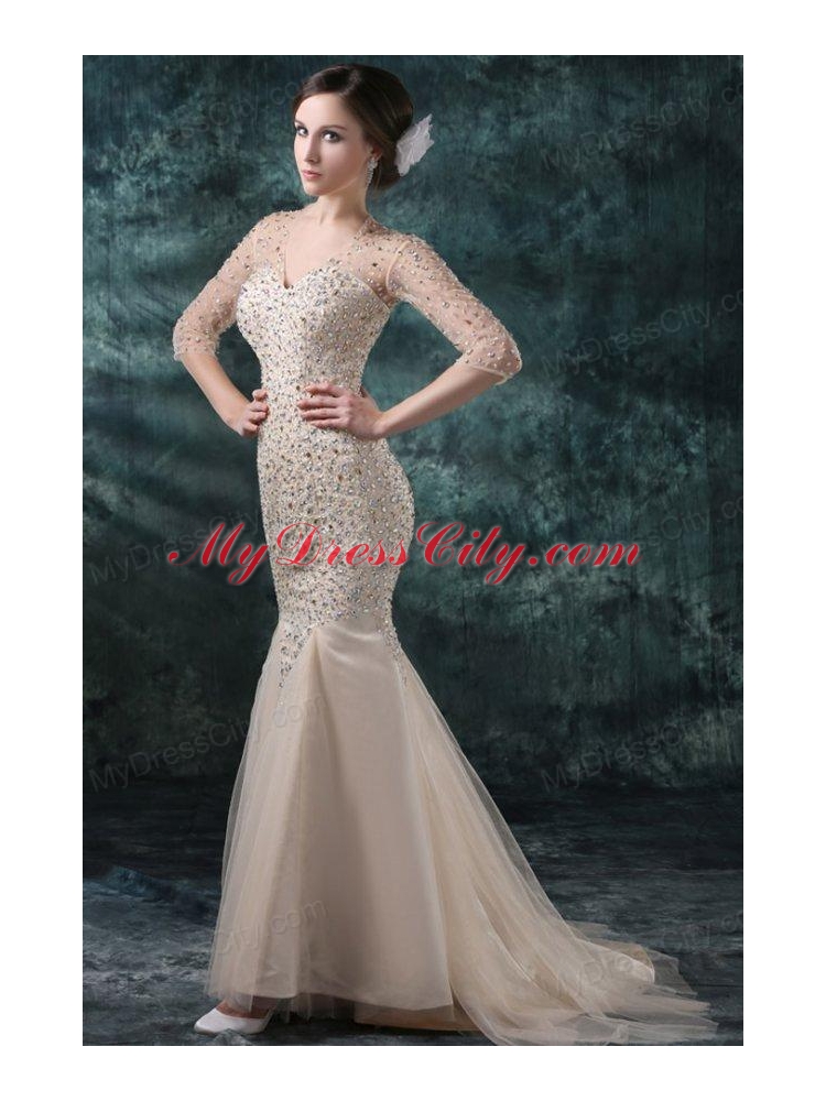 Champagne Mermaid Sweetheart V-neck Wedding Dress with Beading