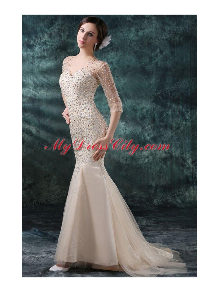 Champagne Mermaid Sweetheart V-neck Wedding Dress with Beading