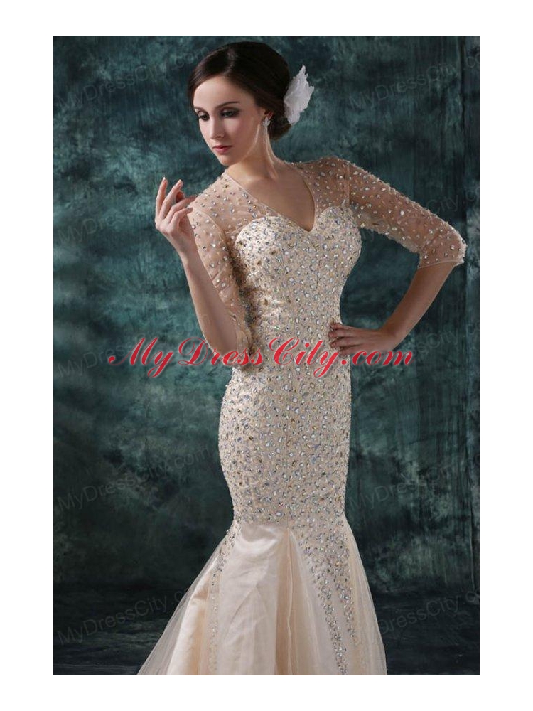 Champagne Mermaid Sweetheart V-neck Wedding Dress with Beading