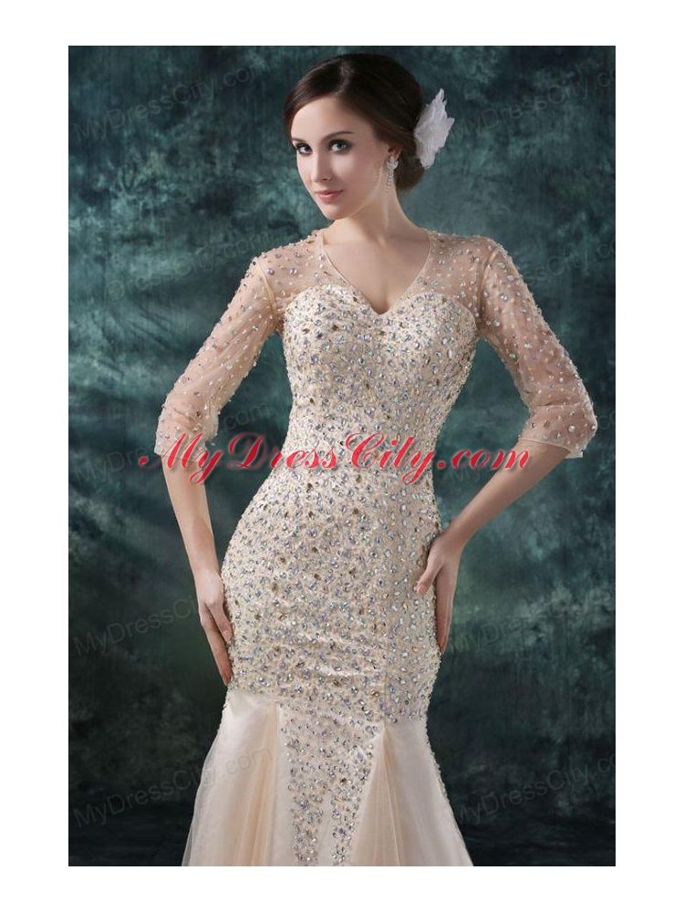 Champagne Mermaid Sweetheart V-neck Wedding Dress with Beading