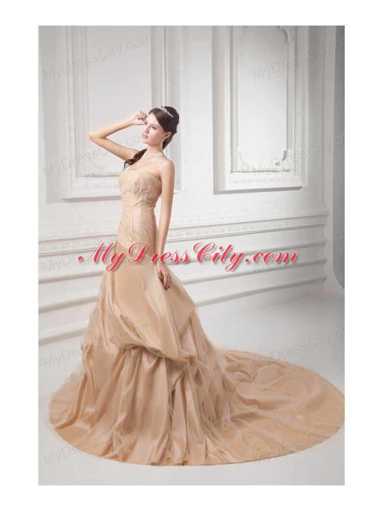 Champagne Strapless Court Train Wedding Dress with Embroidery and Pick-ups