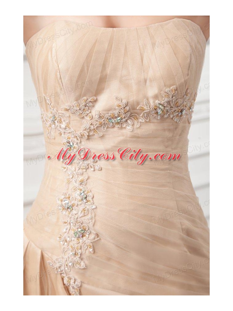 Champagne Strapless Court Train Wedding Dress with Embroidery and Pick-ups