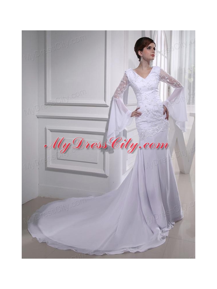 Cheap Column V-neck Lace Chiffon Wedding Dress With Long Sleeves