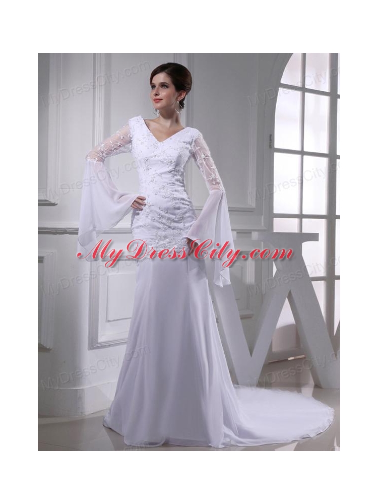 Cheap Column V-neck Lace Chiffon Wedding Dress With Long Sleeves