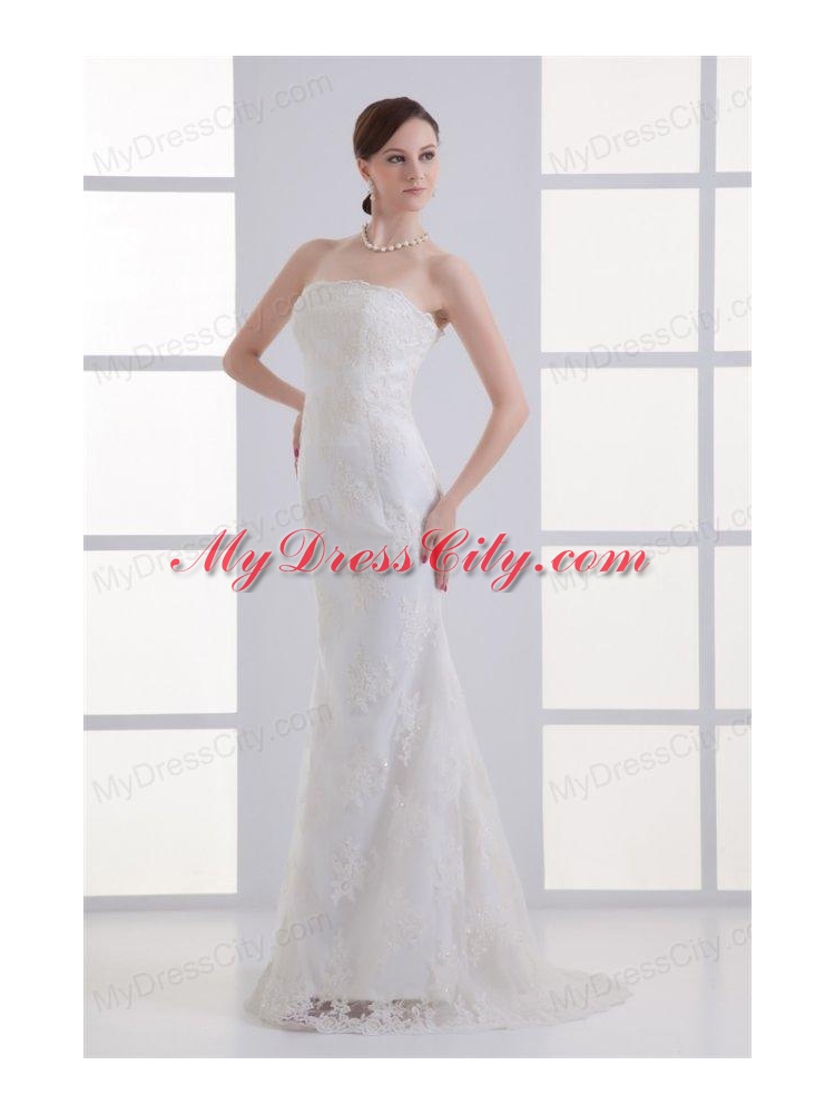 Column Brush Train Appliques Zipper Up Lace 2014 Wedding Dress