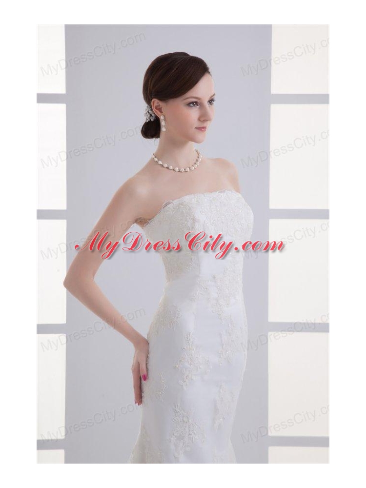 Column Brush Train Appliques Zipper Up Lace 2014 Wedding Dress