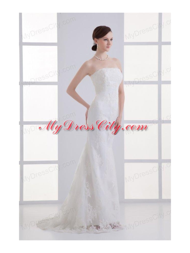 Column Brush Train Appliques Zipper Up Lace 2014 Wedding Dress