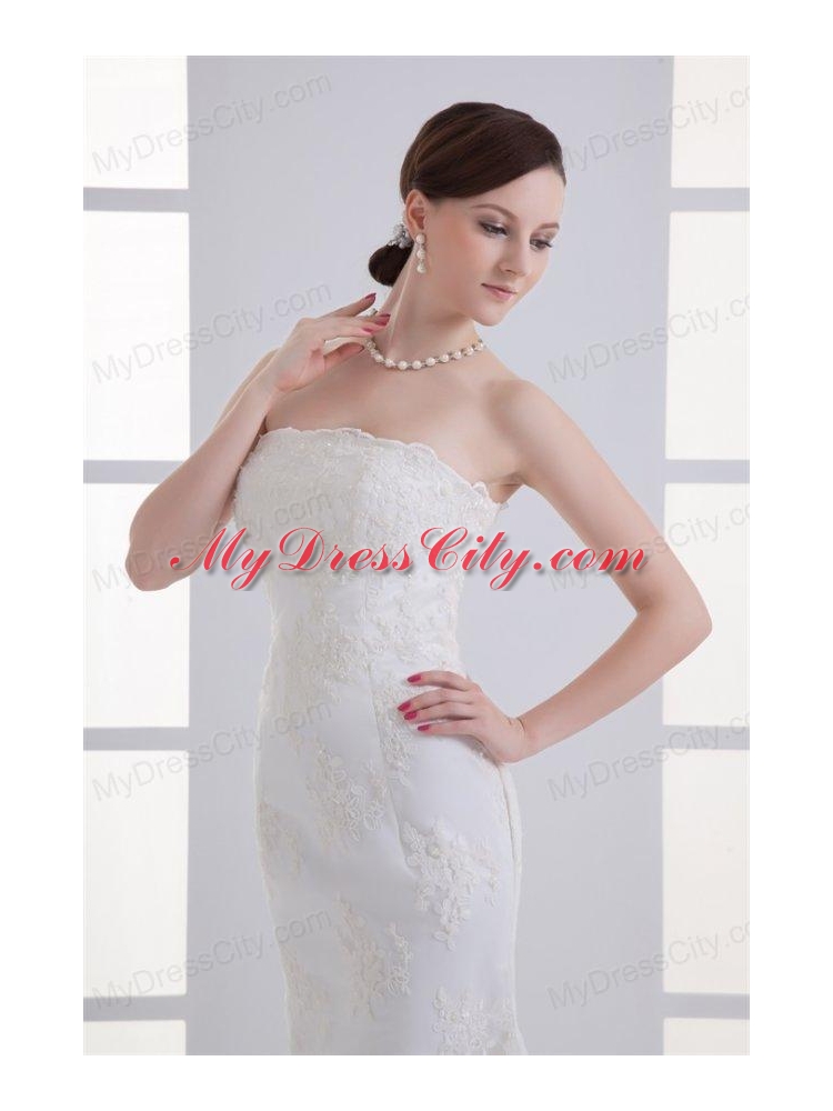 Column Brush Train Appliques Zipper Up Lace 2014 Wedding Dress