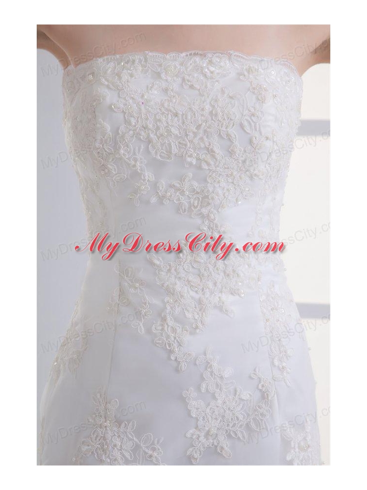 Column Brush Train Appliques Zipper Up Lace 2014 Wedding Dress