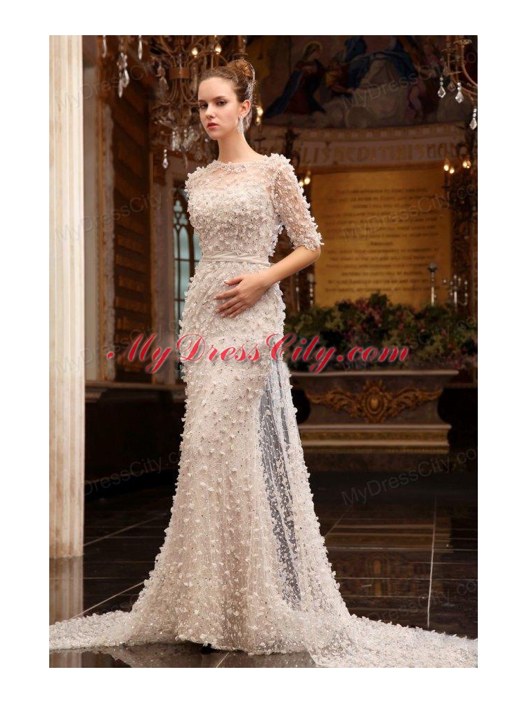 Column High Neck Zipper Up Tulle Wedding Dress with Half Sleeves