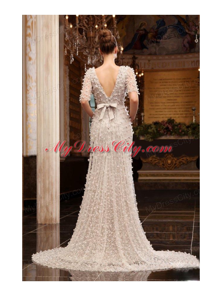 Column High Neck Zipper Up Tulle Wedding Dress with Half Sleeves