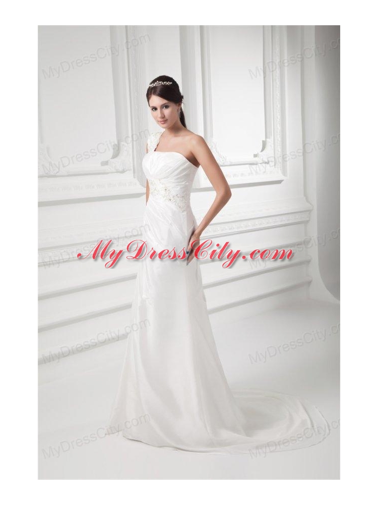 Column One Shoulder Appliques and Ruching Chiffon Wedding Dress