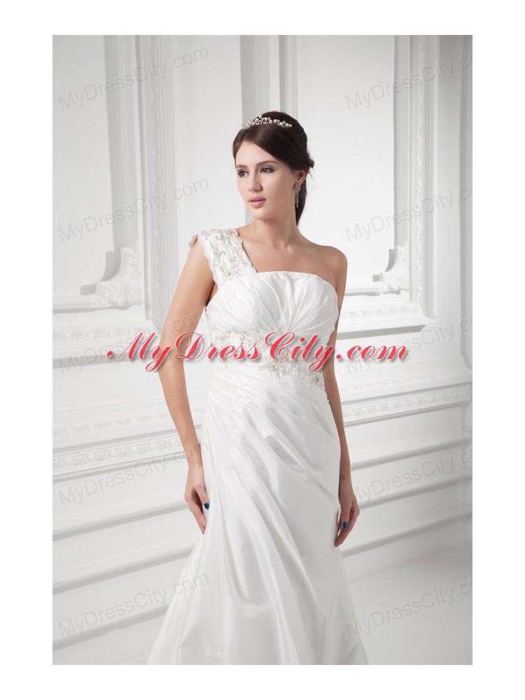 Column One Shoulder Appliques and Ruching Chiffon Wedding Dress