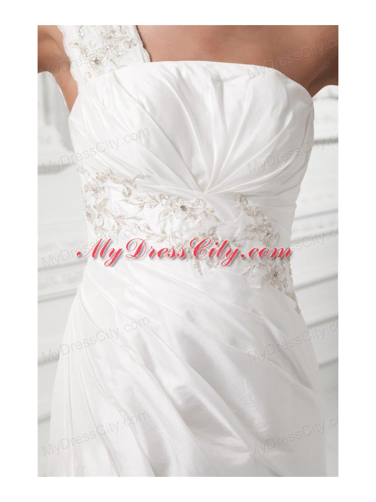 Column One Shoulder Appliques and Ruching Chiffon Wedding Dress