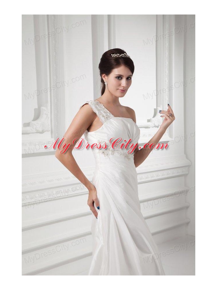 Column One Shoulder Appliques and Ruching Chiffon Wedding Dress