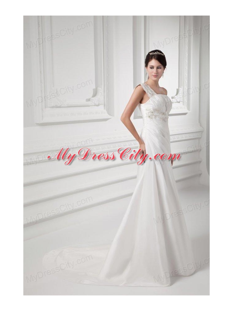 Column One Shoulder Appliques and Ruching Chiffon Wedding Dress