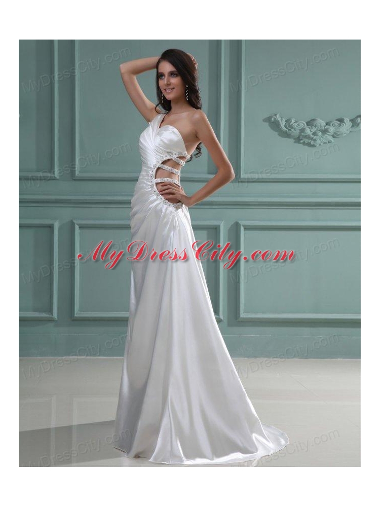 Column One Shoulder Floor-length Beading Taffeta Wedding Dress with Side Zipper