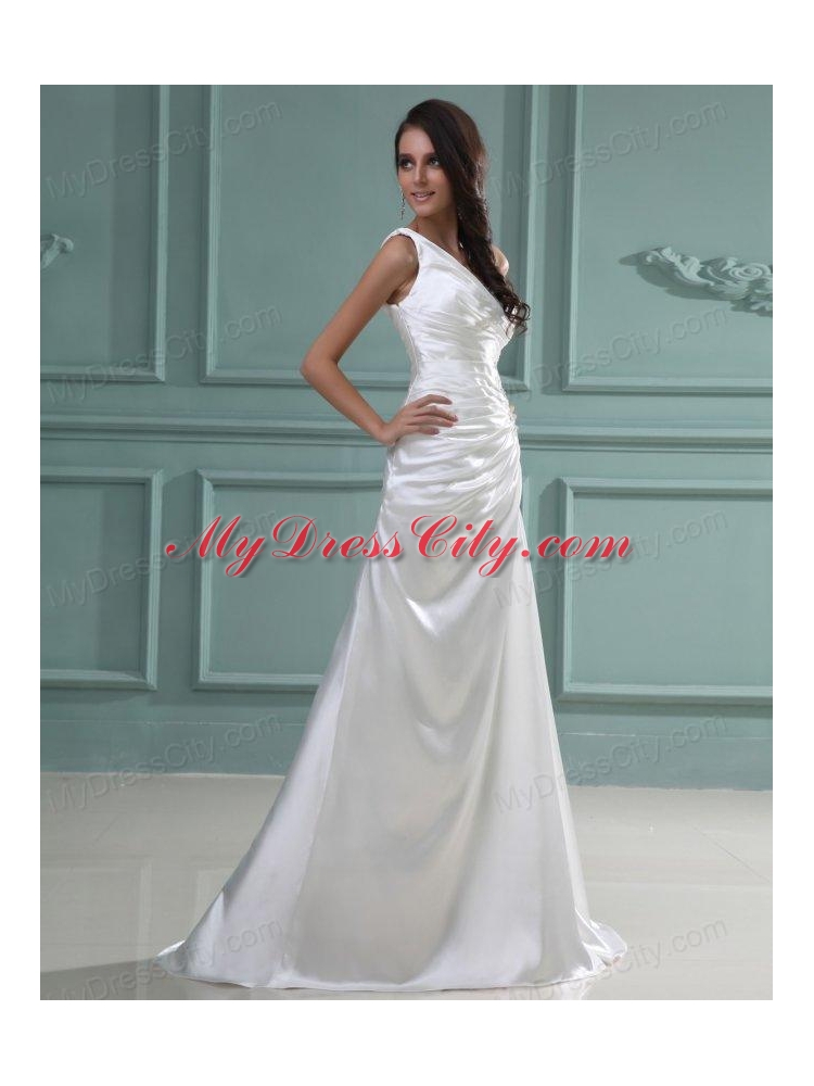 Column One Shoulder Floor-length Beading Taffeta Wedding Dress with Side Zipper