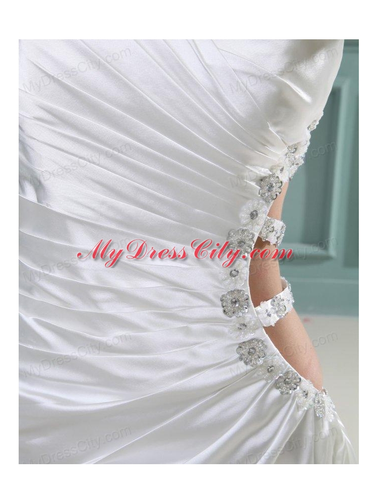 Column One Shoulder Floor-length Beading Taffeta Wedding Dress with Side Zipper