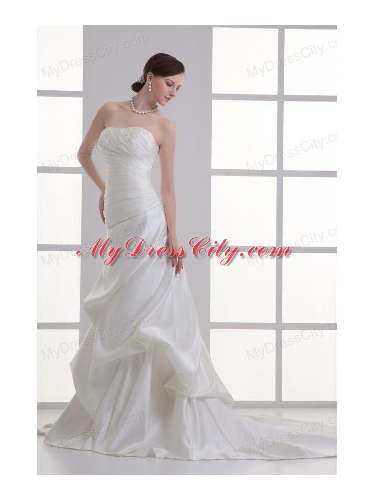 Column Strapless Pick-ups Ruching Satin Court Train Wedding Dress