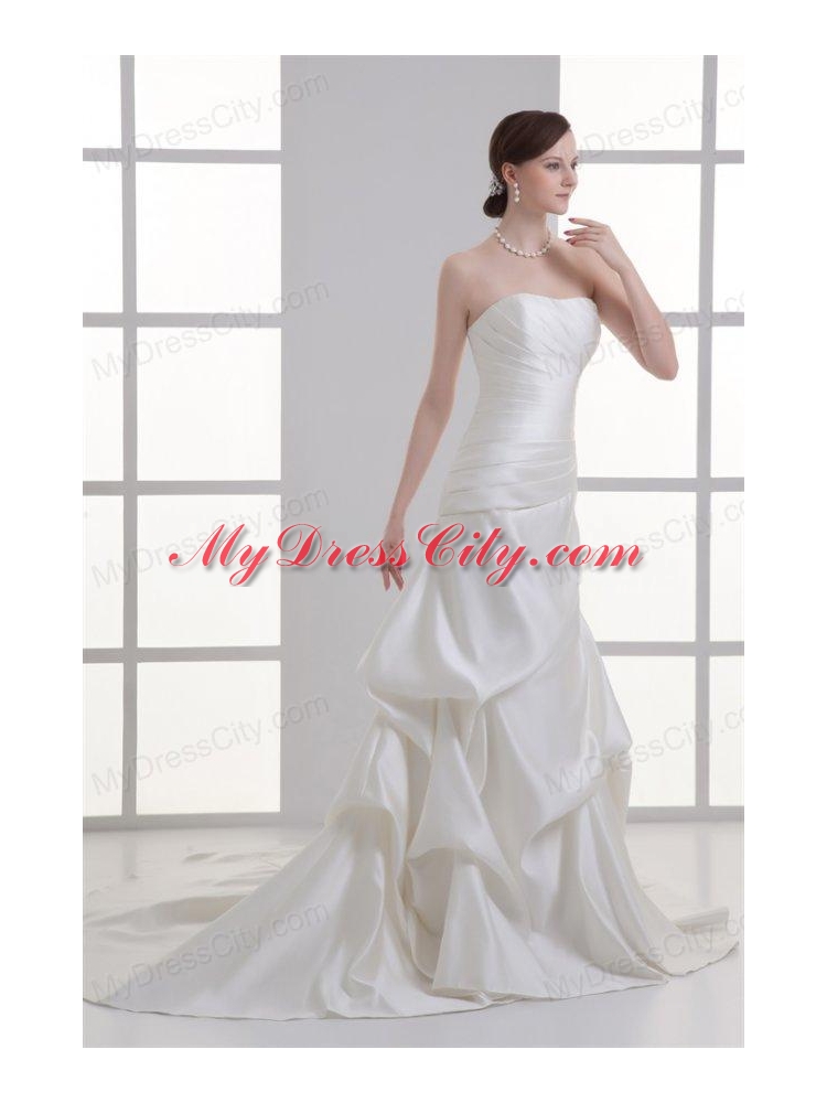 Column Strapless Pick-ups Ruching Satin Court Train Wedding Dress