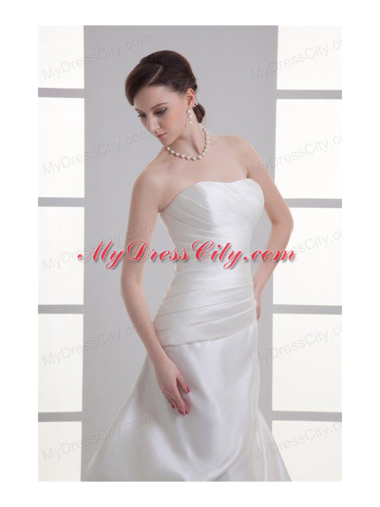 Column Strapless Pick-ups Ruching Satin Court Train Wedding Dress