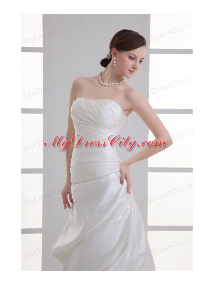 Column Strapless Pick-ups Ruching Satin Court Train Wedding Dress