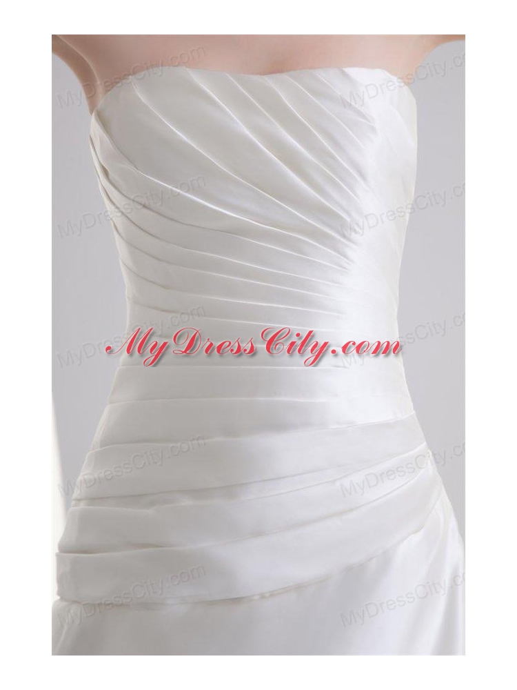 Column Strapless Pick-ups Ruching Satin Court Train Wedding Dress