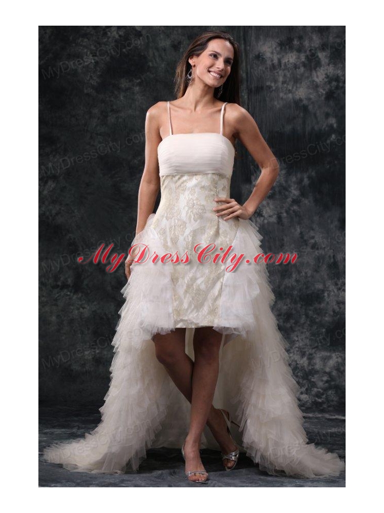 Column Straps High-low Beading Tulle Wedding Dress