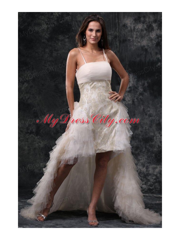 Column Straps High-low Beading Tulle Wedding Dress