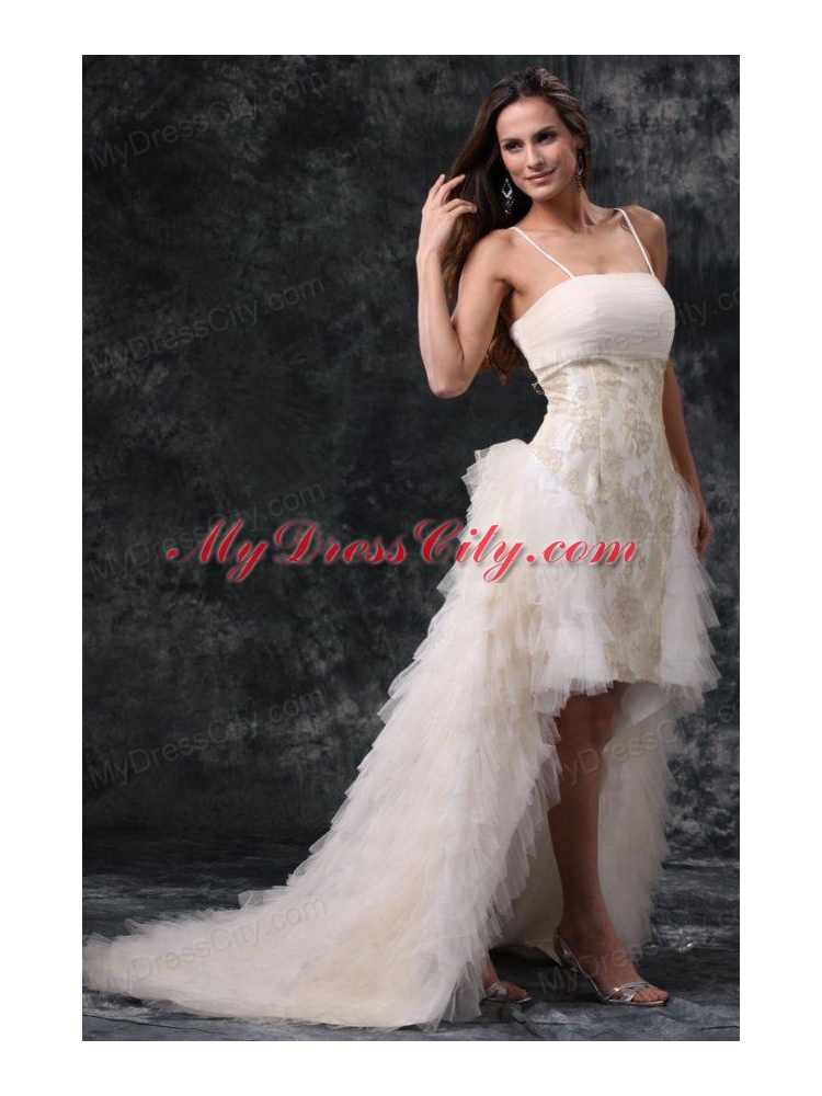 Column Straps High-low Beading Tulle Wedding Dress