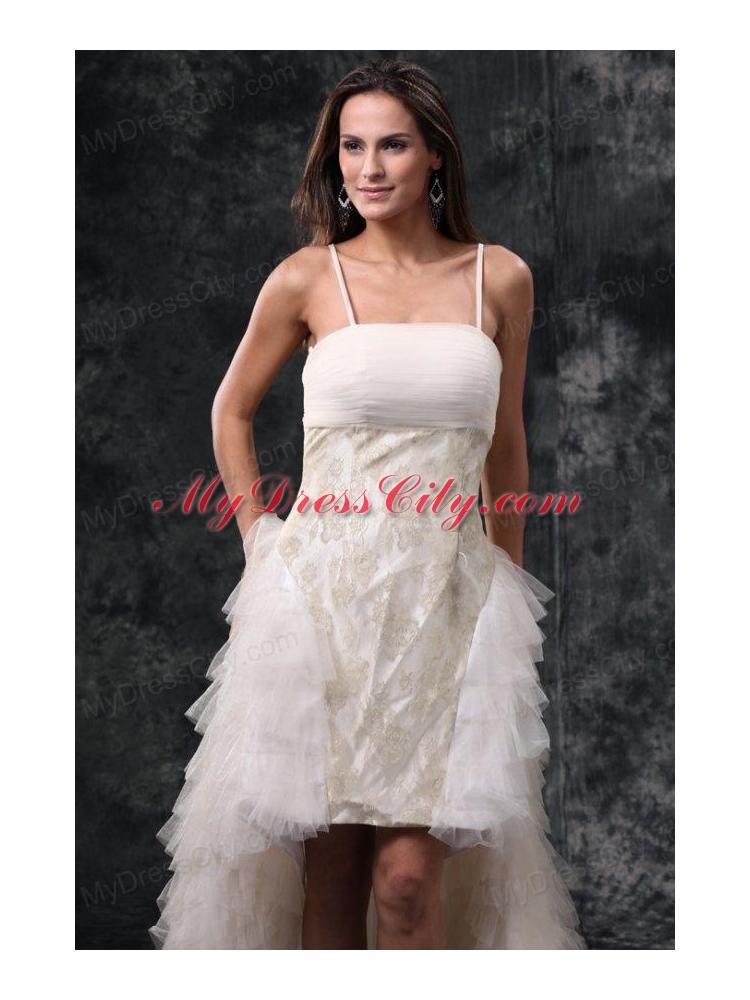 Column Straps High-low Beading Tulle Wedding Dress