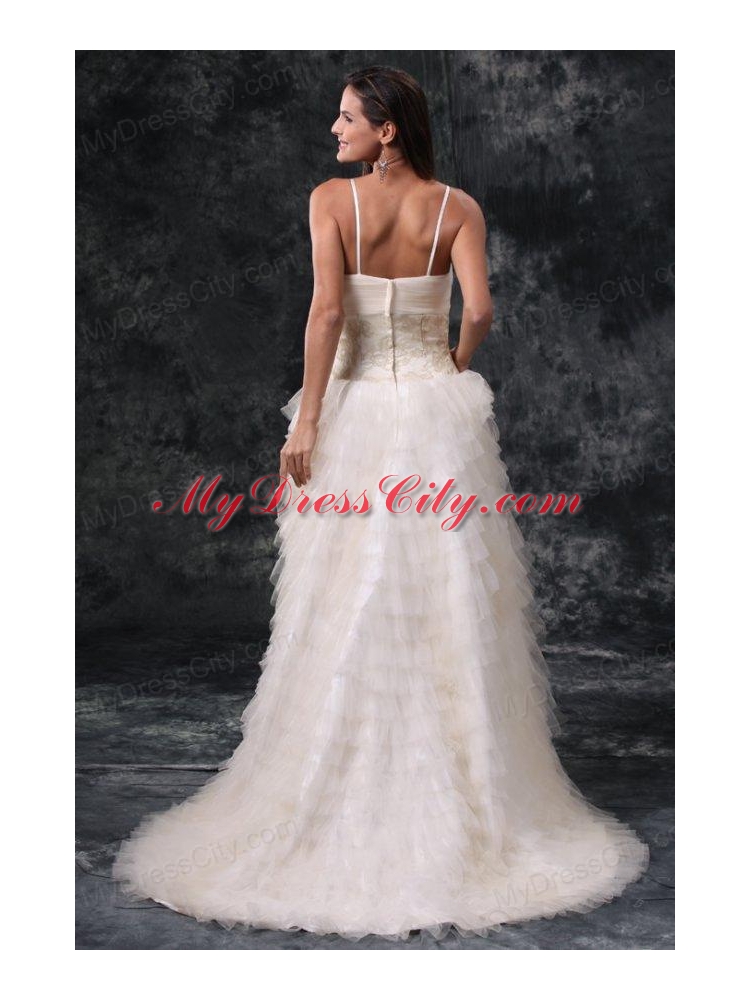 Column Straps High-low Beading Tulle Wedding Dress