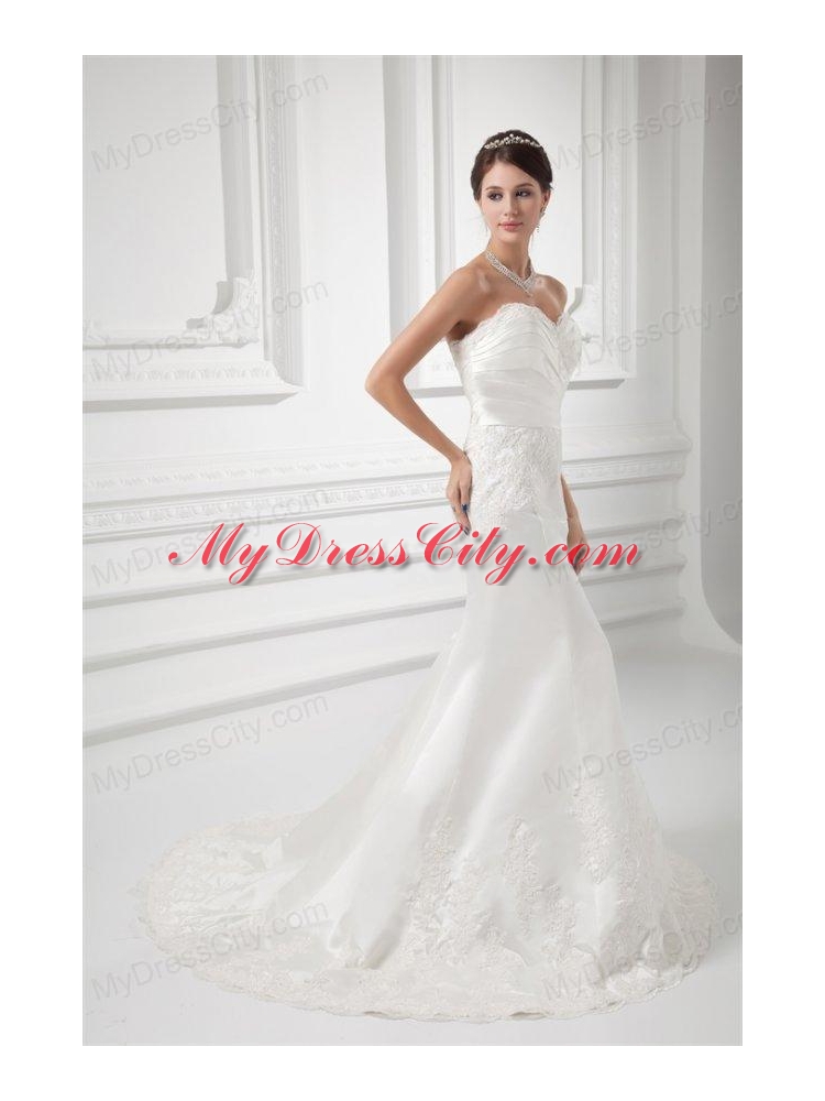 Column Sweetheart Appliques Court Train Satin Wedding Dress