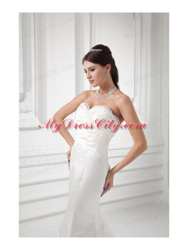 Column Sweetheart Appliques Court Train Satin Wedding Dress