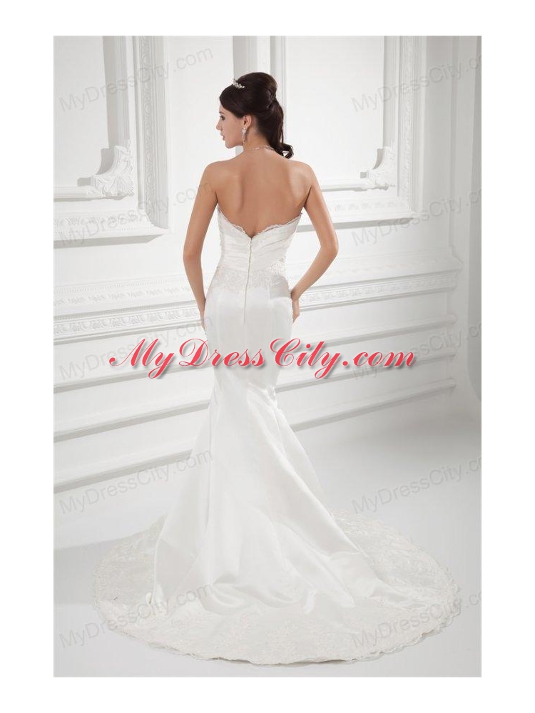 Column Sweetheart Appliques Court Train Satin Wedding Dress