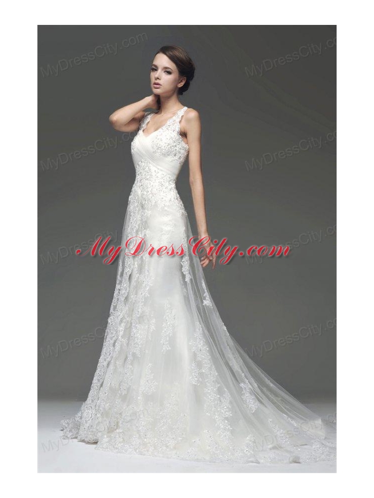 Column V-Neck Appliques Zipper Up Wedding Dress with Court Train