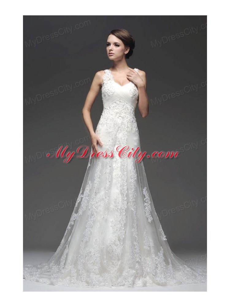 Column V-Neck Appliques Zipper Up Wedding Dress with Court Train