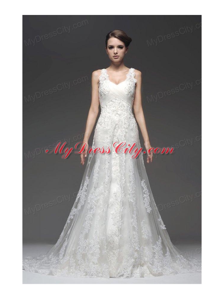 Column V-Neck Appliques Zipper Up Wedding Dress with Court Train