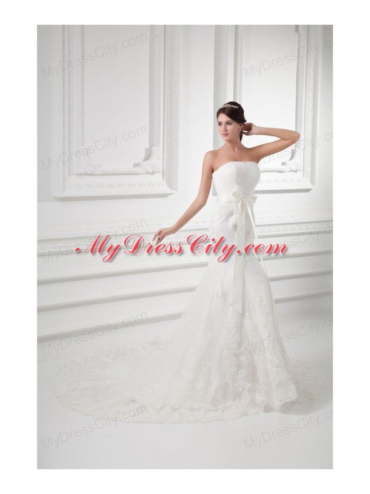 Court Train Mermaid Strapless Lace Wedding Dress with Sash