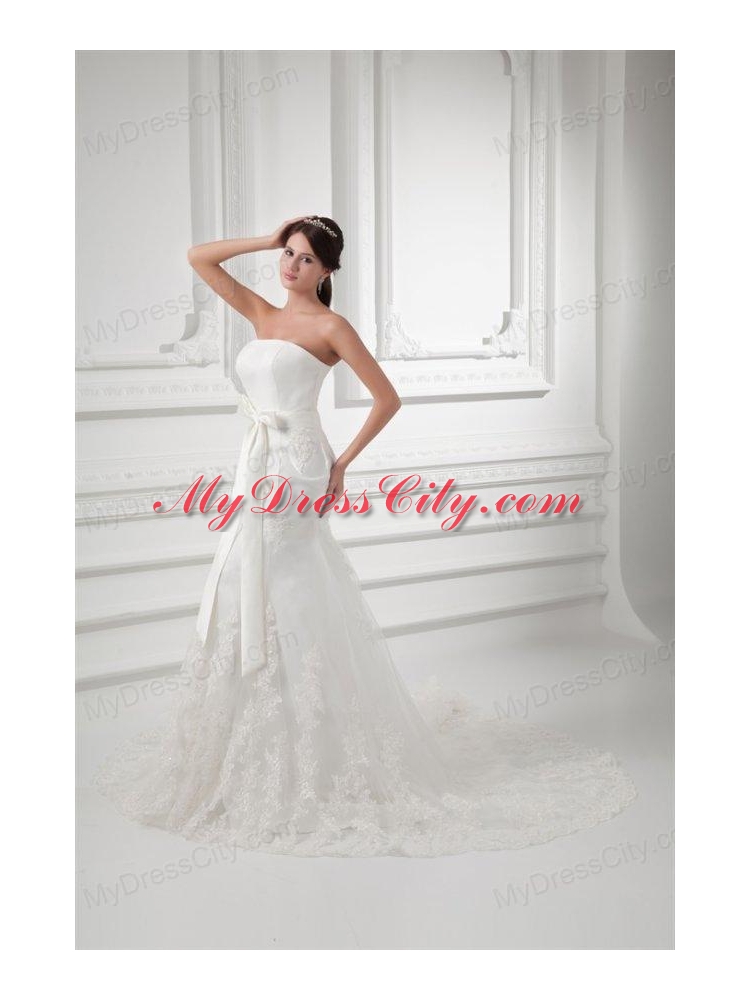 Court Train Mermaid Strapless Lace Wedding Dress with Sash