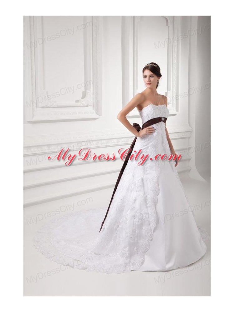 Discount A-line Strapless Court Train Wedding Dress with Sash