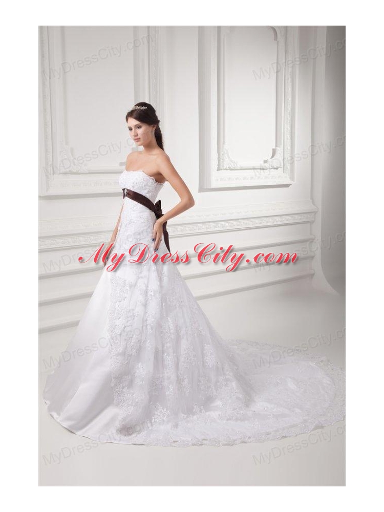 Discount A-line Strapless Court Train Wedding Dress with Sash