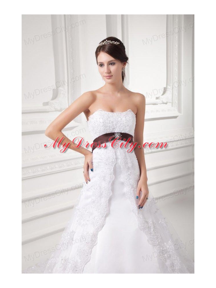 Discount A-line Strapless Court Train Wedding Dress with Sash