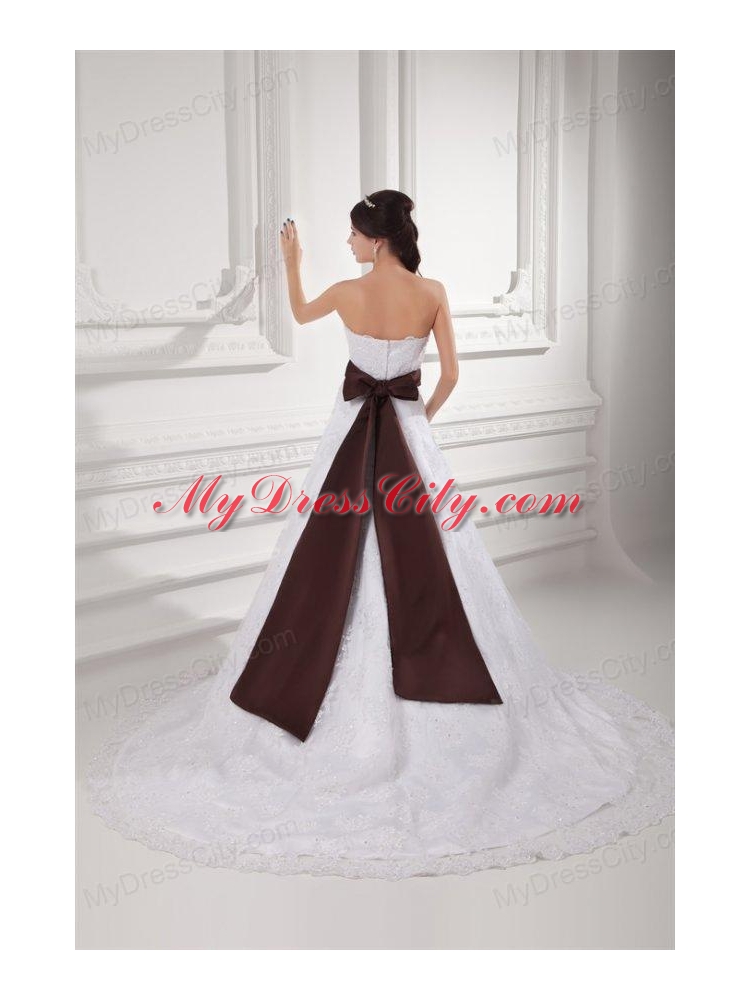 Discount A-line Strapless Court Train Wedding Dress with Sash