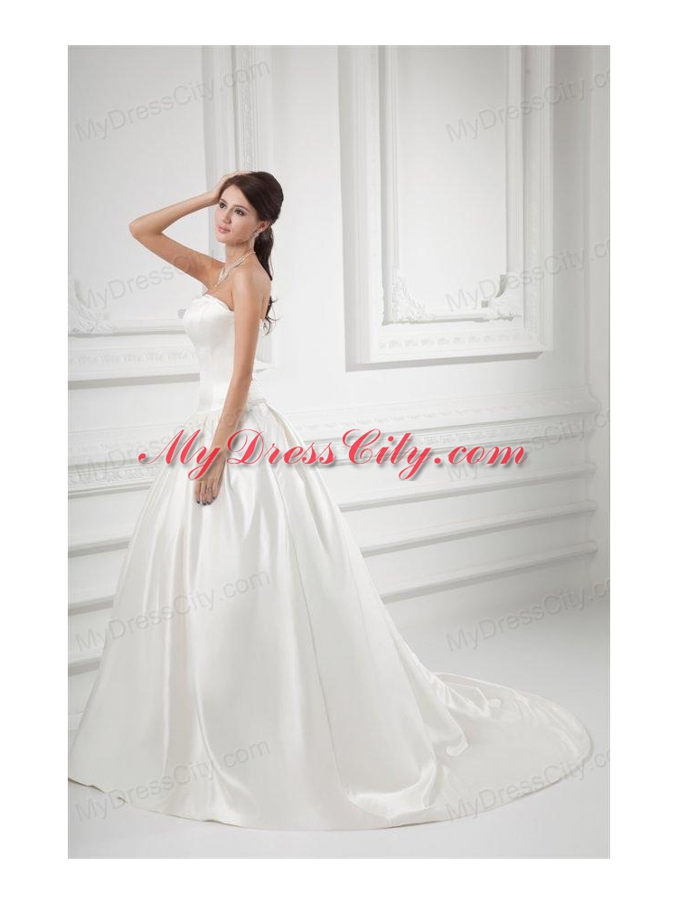 Elegant A-line Strapless Sweep Train Wedding Dress with Satin