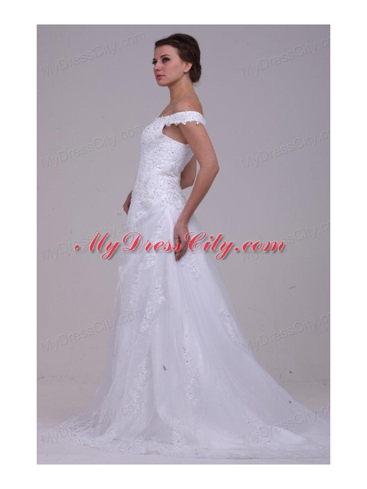 Elegant Column Off The Shoulder Appliques Organza 2014 Wedding Dress